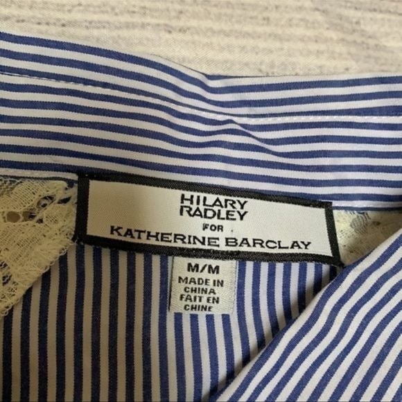 Hilary Radley Blue Striped Button Down with embroidered floral, lace , ruffles - Picture 6 of 10